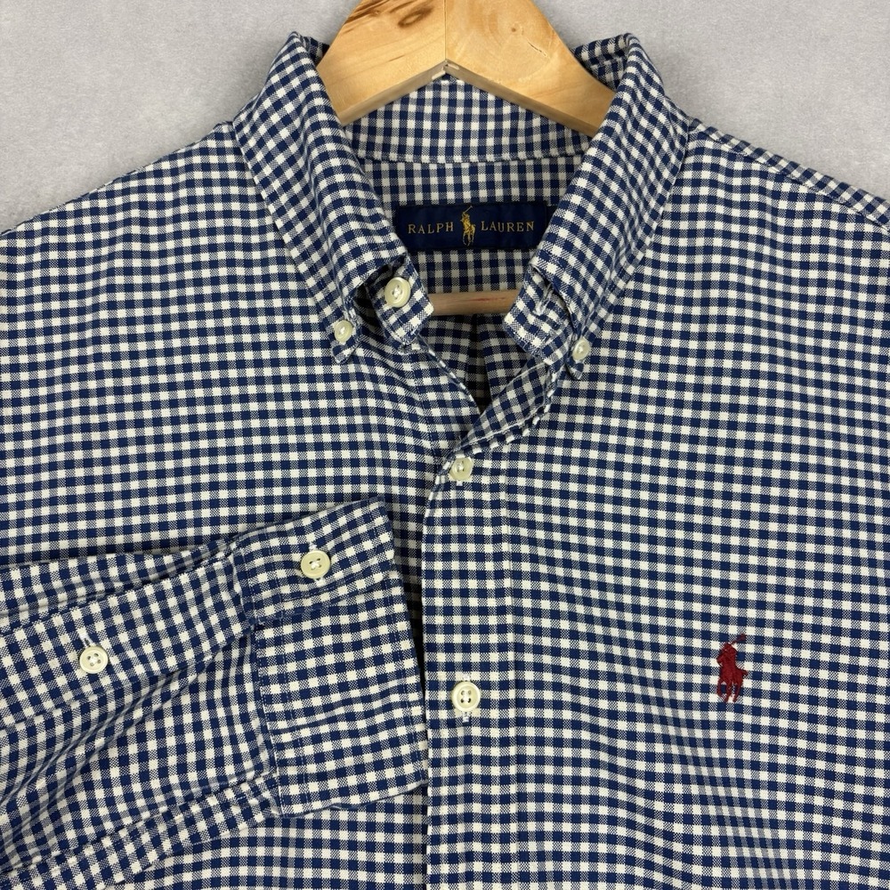 Ralph Lauren Oxford Shirt Men’s Large Blue Gingham Check Red Pony Long Sleeve